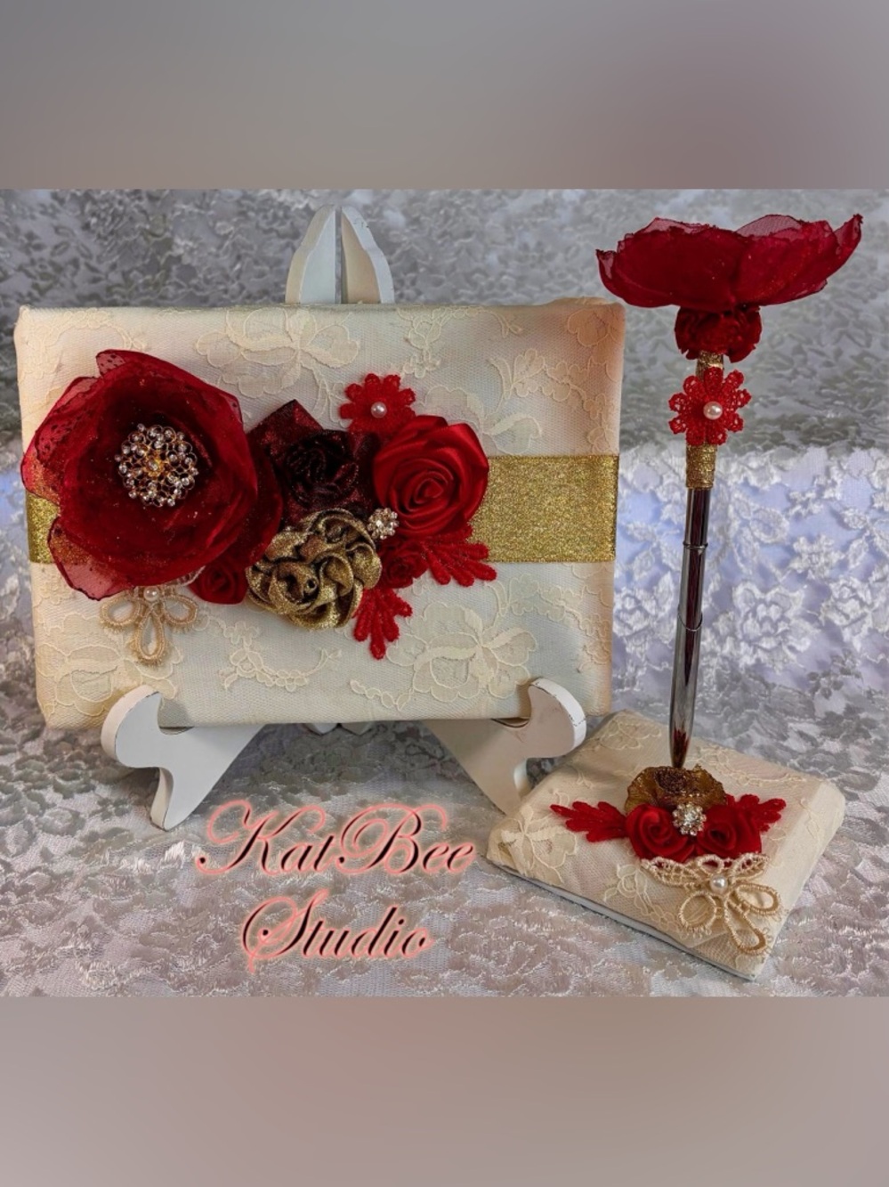 ♥️💛 Handmade Red Gold and Ivory Guest Book and Pen Set
